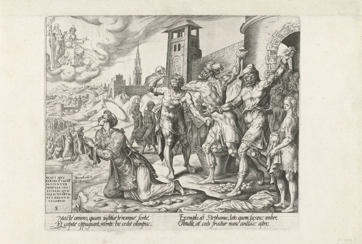 Steniging van Stefanus by Harmen Jansz Muller, print, 1564-1568