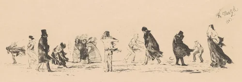 Untitled (Figures in a Strong Wind) by Adolph Menzel, print, 1843