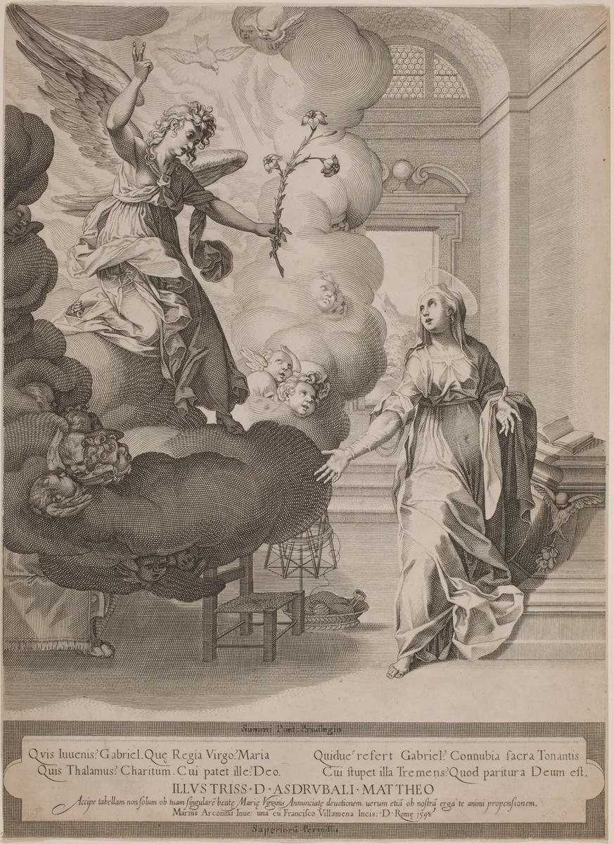 The Annunciation by Francesco Villamena; Mario Arconio, print, 1598