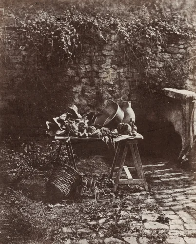 Nature Morte: chaudron, cruche et legumes, sur une table a tretaux (Still Life: Pot, Pitcher and Vegetables on a Sawhorse Table) by Henri-Victor Regnault, photograph, 1847-1857