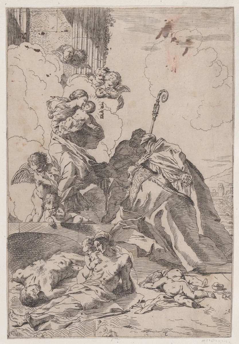 Three Lucchese saints Sts Nicholas Tolentino, Nicholas of Bari interceding with the Virgin for the victims of the plague by anonymous, print, 1650-1700