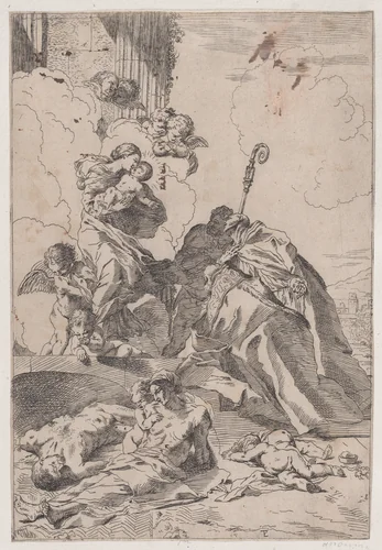 Three Lucchese saints Sts Nicholas Tolentino, Nicholas of Bari interceding with the Virgin for the victims of the plague by anonymous, print, 1650-1700