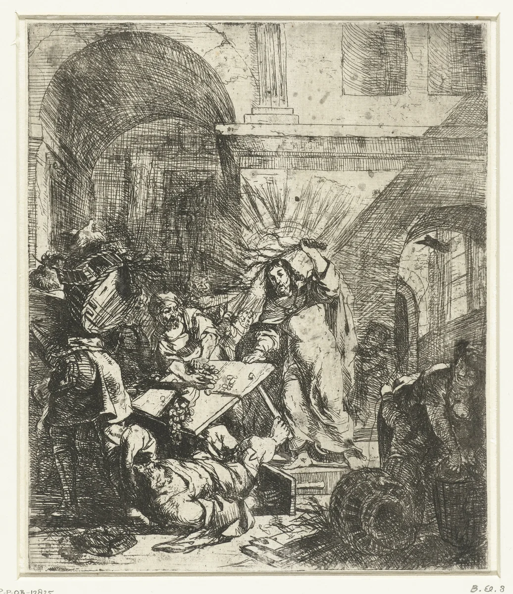 Christus verdrijft de geldwisselaars uit de tempel by anonymous, print, 1630-1700