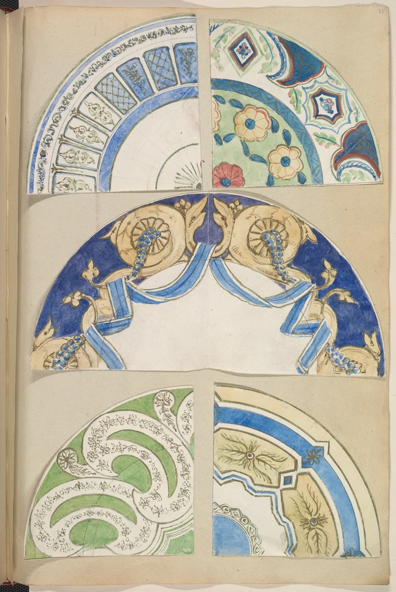 Six Designs for Decorated Plates by Alfred Forrester, drawing, 1845-1855