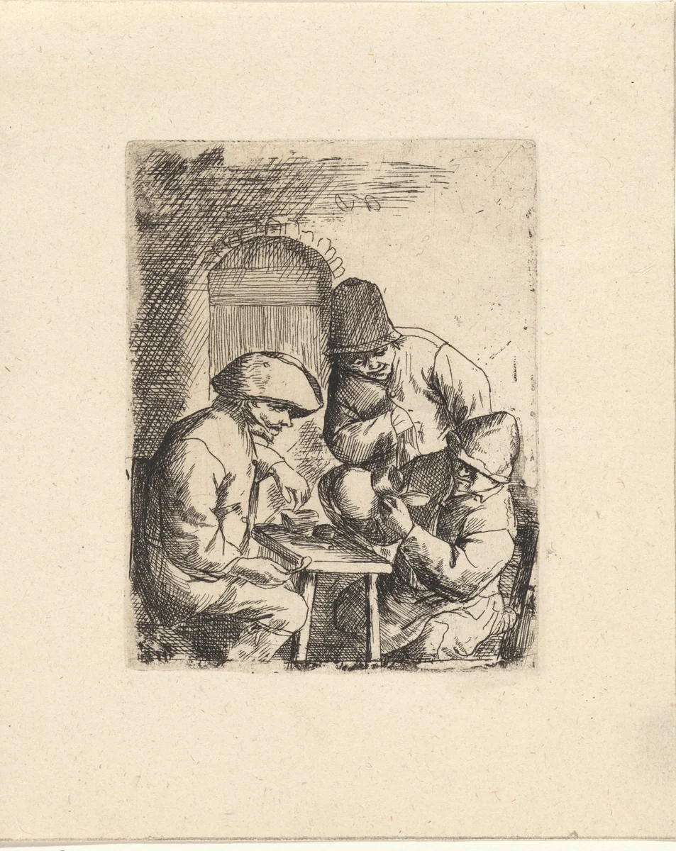 Drie mannen en een lege kruik by Jacob Laurensz. van der Vinne, print, 1699