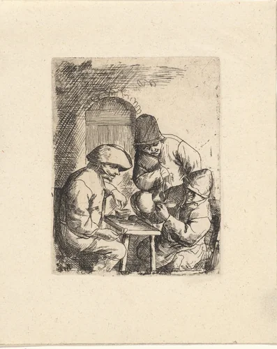 Drie mannen en een lege kruik by Jacob Laurensz. van der Vinne, print, 1699