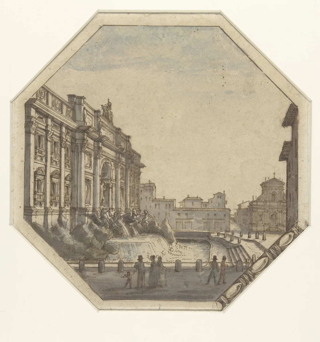 Fontana di Trevi, gezien vanuit het Westen by Victor Jean Nicolle, drawing, 1787-1811