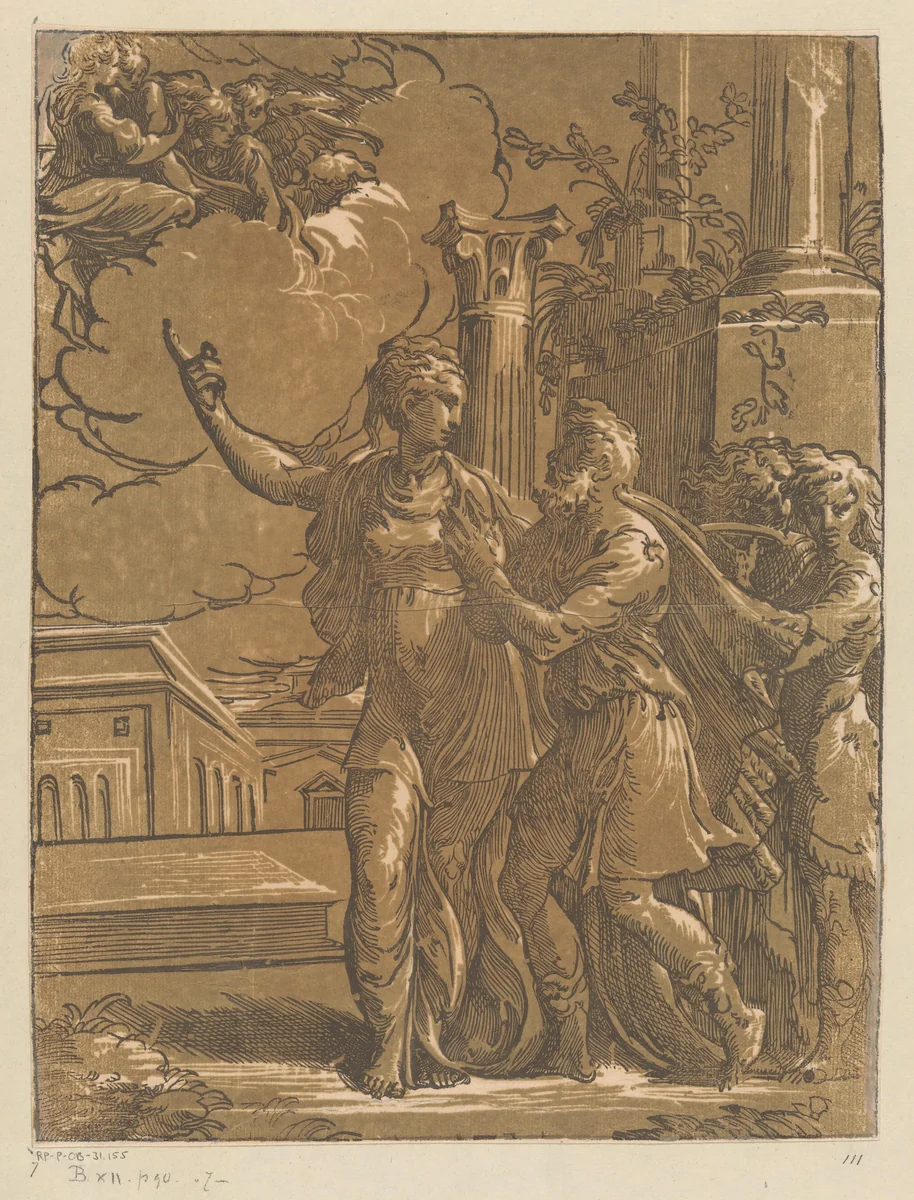 Keizer Augustus en de Tiburtijnse Sibille by Antonio da Trento, print, 1528-1530