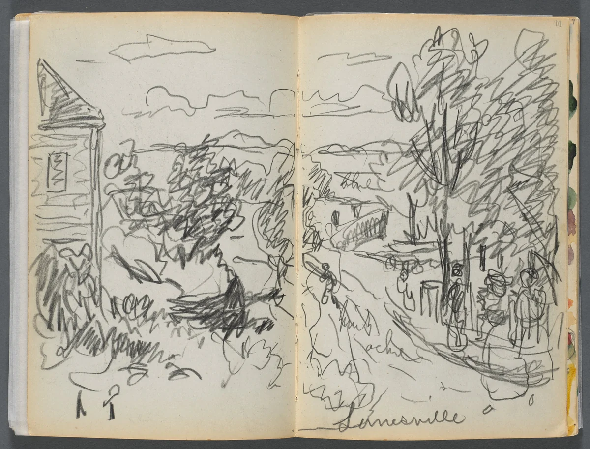 Sketchbook- The Granite Shore Hotel, Rockport, page 110 &111: "Lanesville" by Maurice Prendergast, book, 1905-1910
