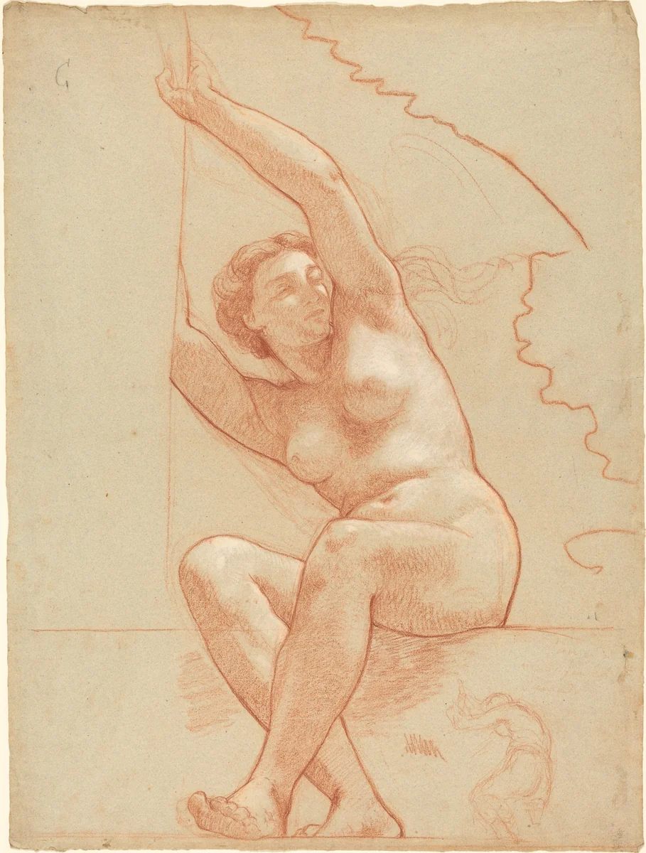 A Female Nude Seated on a Ledge by Charles-Louis-Lucien Müller, drawing, 1863-1866