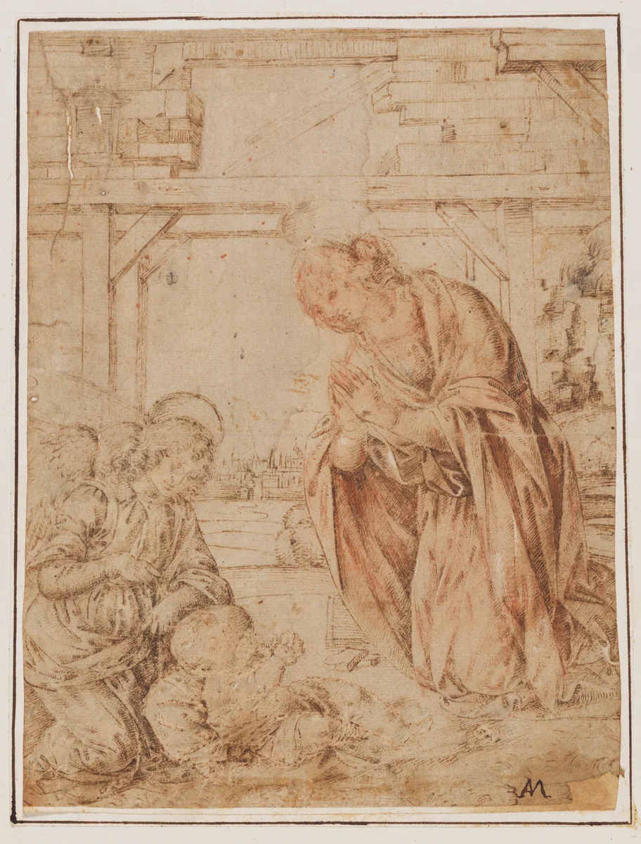 The Madonna Adoring the Child, with an Angel by Lorenzo di Credi, drawing, 1500-1537
