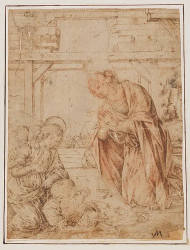 The Madonna Adoring the Child, with an Angel by Lorenzo di Credi, drawing, 1500-1537