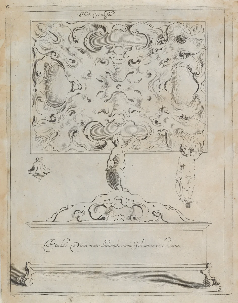 Plate 9, from "Verscheyde Constige Vindigen om in Gout, Silver, Hout en Steen te wercken" by Michiel Mosyn, book, 1651-1653
