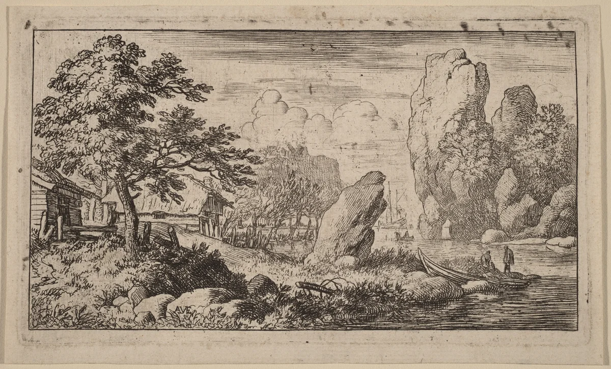 Pointed Boulder at the Bank of a River by Allart van Everdingen, print, 1645-1656