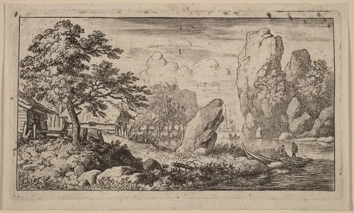 Pointed Boulder at the Bank of a River by Allart van Everdingen, print, 1645-1656