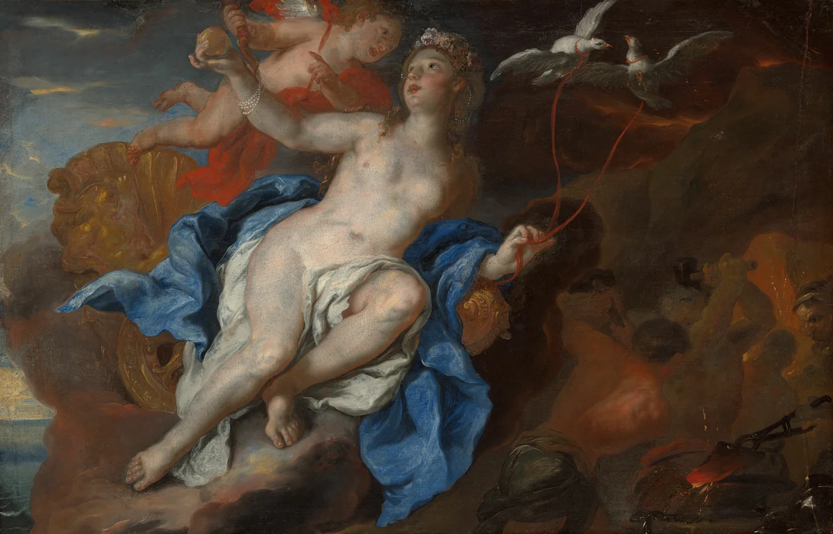 Venus and Cupid at the Forge of Vulcan by Johann Michael Rottmayr, painting, 1690-1695
