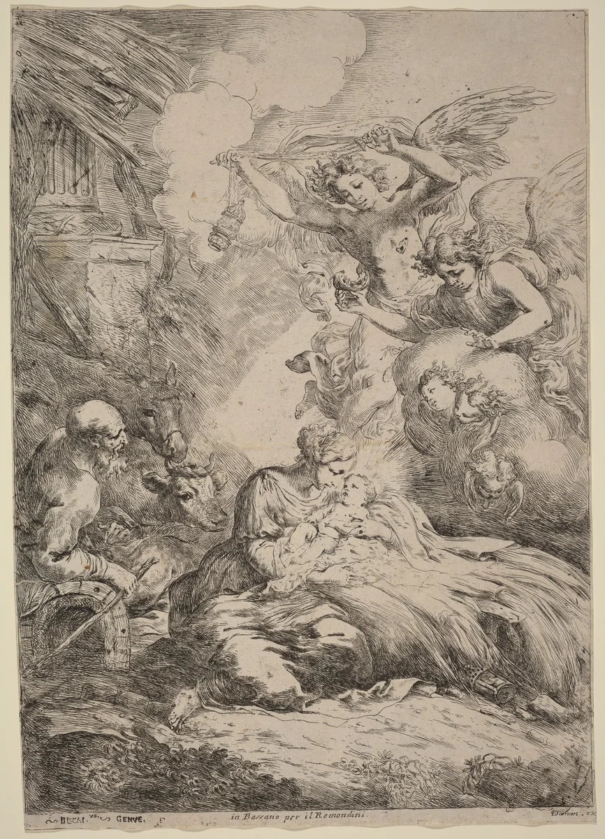 The Holy Family Adored by Angels (The Large Nativity) by Bartolomeo Biscaino, print, 1632-1657