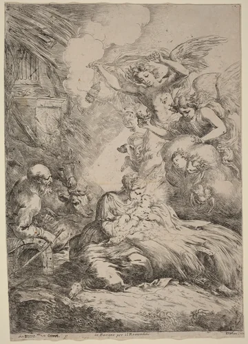 The Holy Family Adored by Angels (The Large Nativity) by Bartolomeo Biscaino, print, 1632-1657