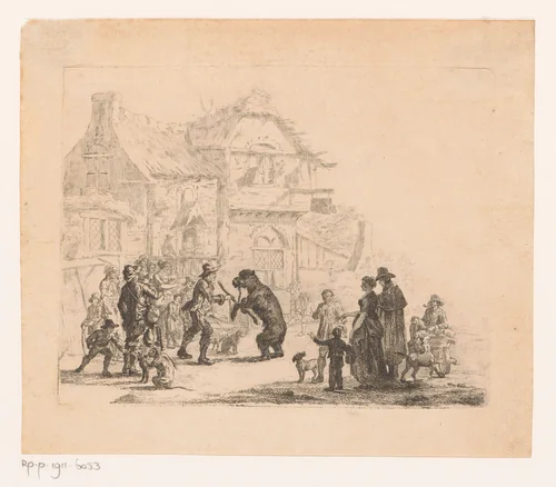 Dansende beer met begeleider voor een herberg, op de voorgrond een aap tussen de toeschouwers by Pierre-François le Roy, print, 1806