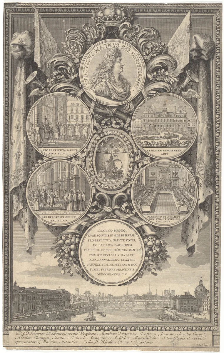 The Reception of Louis XIV at the Hôtel de Ville on the Occasion of his Recovery, January 30, 1687 by Sébastien Leclerc, print, 1687