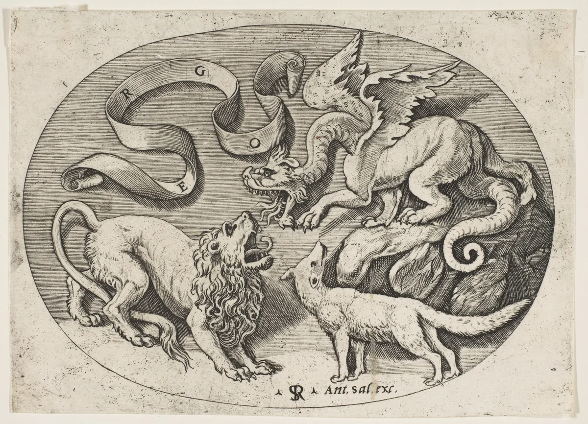 A lion, dragon and fox fighting each other, an inscribed banderole above, an oval composition by Marco Dente, print, 1510-1532