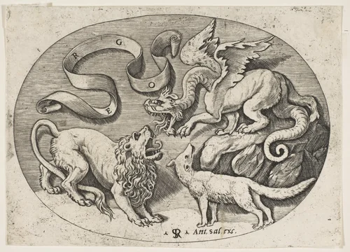 A lion, dragon and fox fighting each other, an inscribed banderole above, an oval composition by Marco Dente, print, 1510-1532
