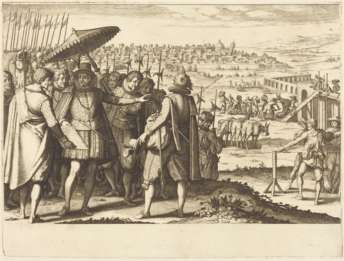 Restoration of the Aqueduct at Pisa by Jacques Callot, print, 1614