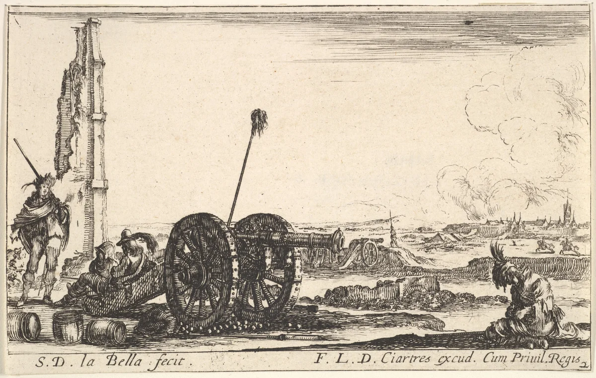 Plate 2: A cannon to the left, a town in the background, from "Various Military Caprices" (Varii capricci militari) by Stefano della Bella, print, 1641