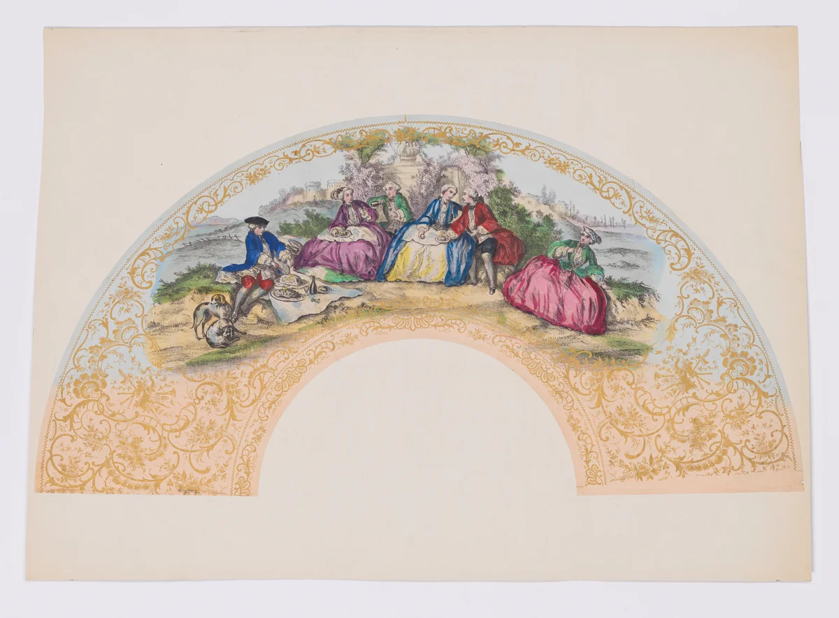 Fan leaf with figures in 18th century costume having a picnic by anonymous, print, 1800-1899