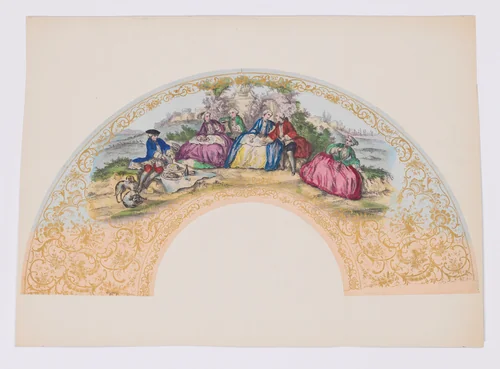 Fan leaf with figures in 18th century costume having a picnic by anonymous, print, 1800-1899