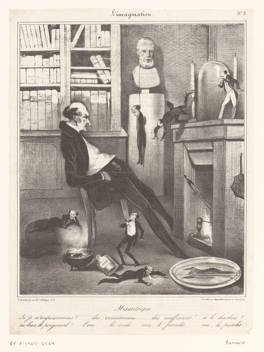 Karikatuur van een misantroop die bedenkt hoe hij zelfmoord zal plegen by Honoré Daumier, other, 1833