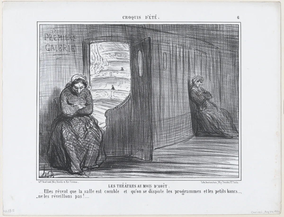 Les Théâtres au Mois d'Août, from Croquis d'Été, published in Le Charivari, August 21, 1856 by Honoré Daumier, print, 1856