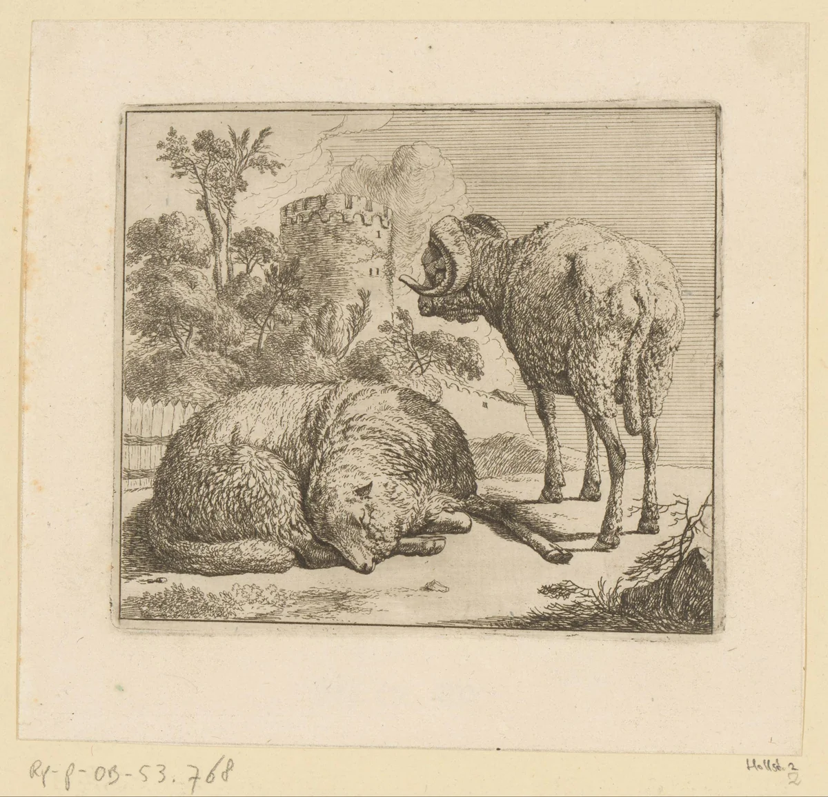 Staand ram en liggend schaap voor ronde toren by Johann Heinrich Roos, print, 1671