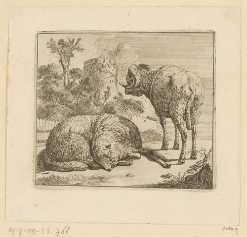 Staand ram en liggend schaap voor ronde toren by Johann Heinrich Roos, print, 1671