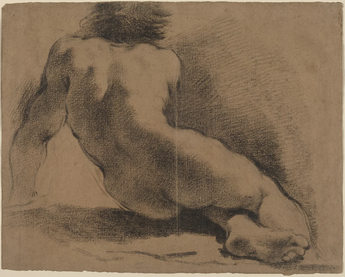 Seated Nude Boy Seen from the Back by Guercino, drawing, 1621