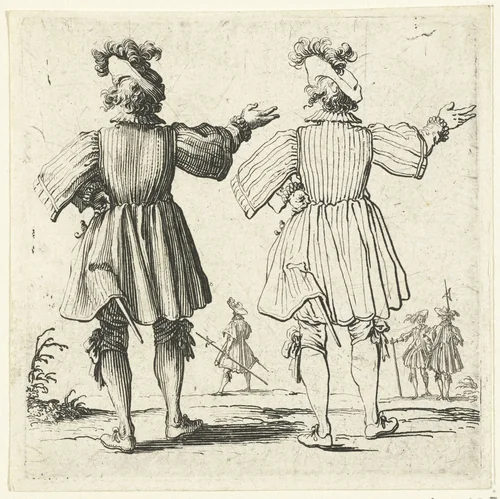 Tweemaal dezelfde soldaat met grote gepluimde hoed en opgeheven arm, op de rug gezien by Jacques Callot, print, 1621-1624