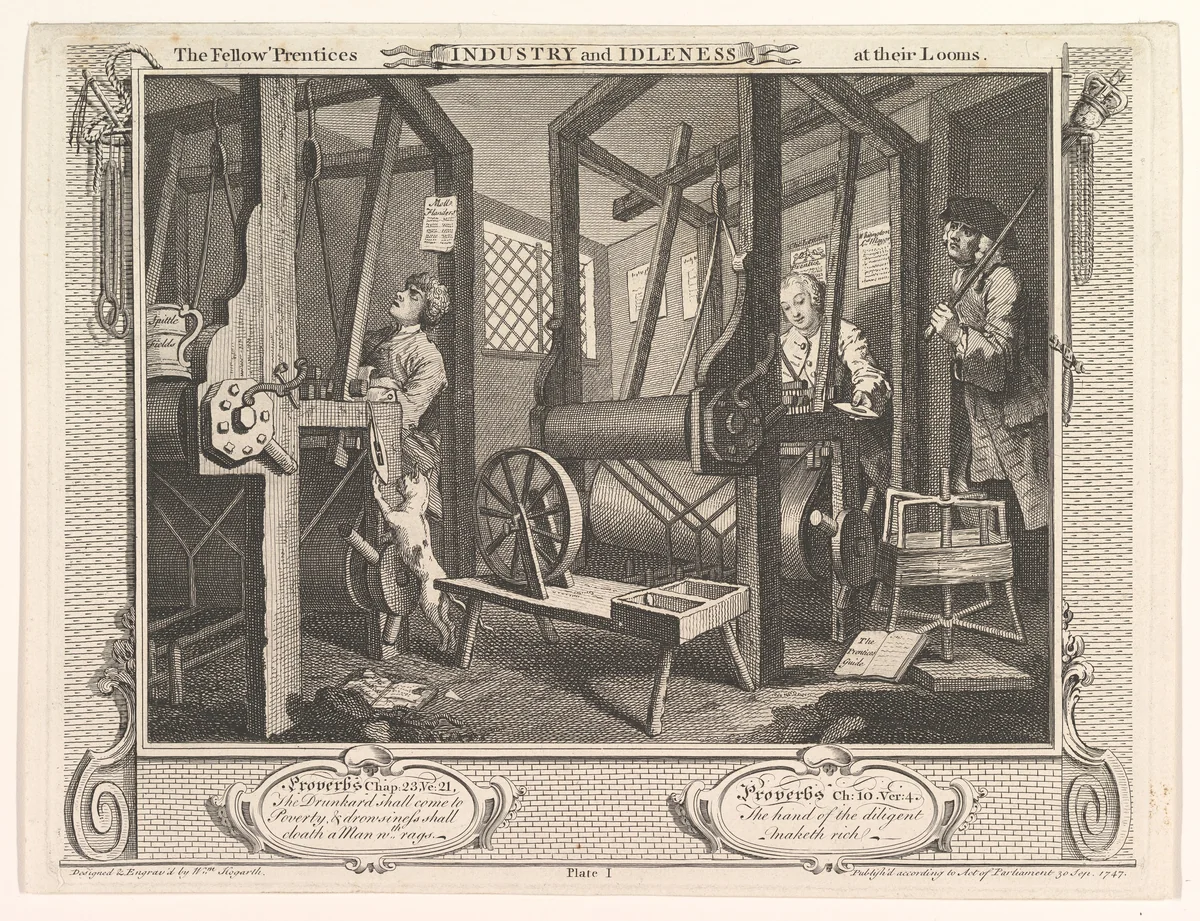 The Fellow 'Prentices at their Looms (Industry and Idleness, plate 1) by William Hogarth, print, 1747