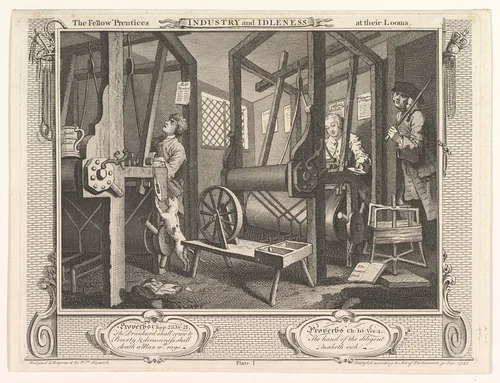 The Fellow 'Prentices at their Looms (Industry and Idleness, plate 1) by William Hogarth, print, 1747