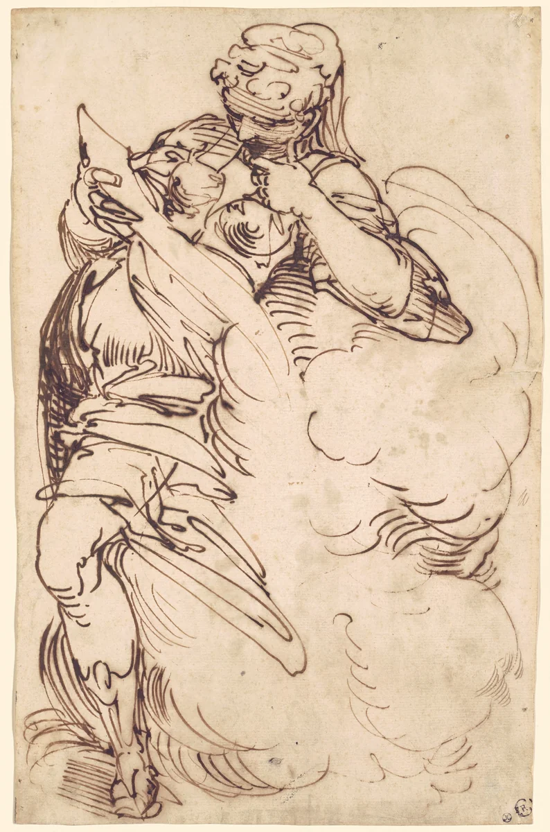 A Standing Sibyl with a Scroll by Luca Cambiaso, drawing, 1550