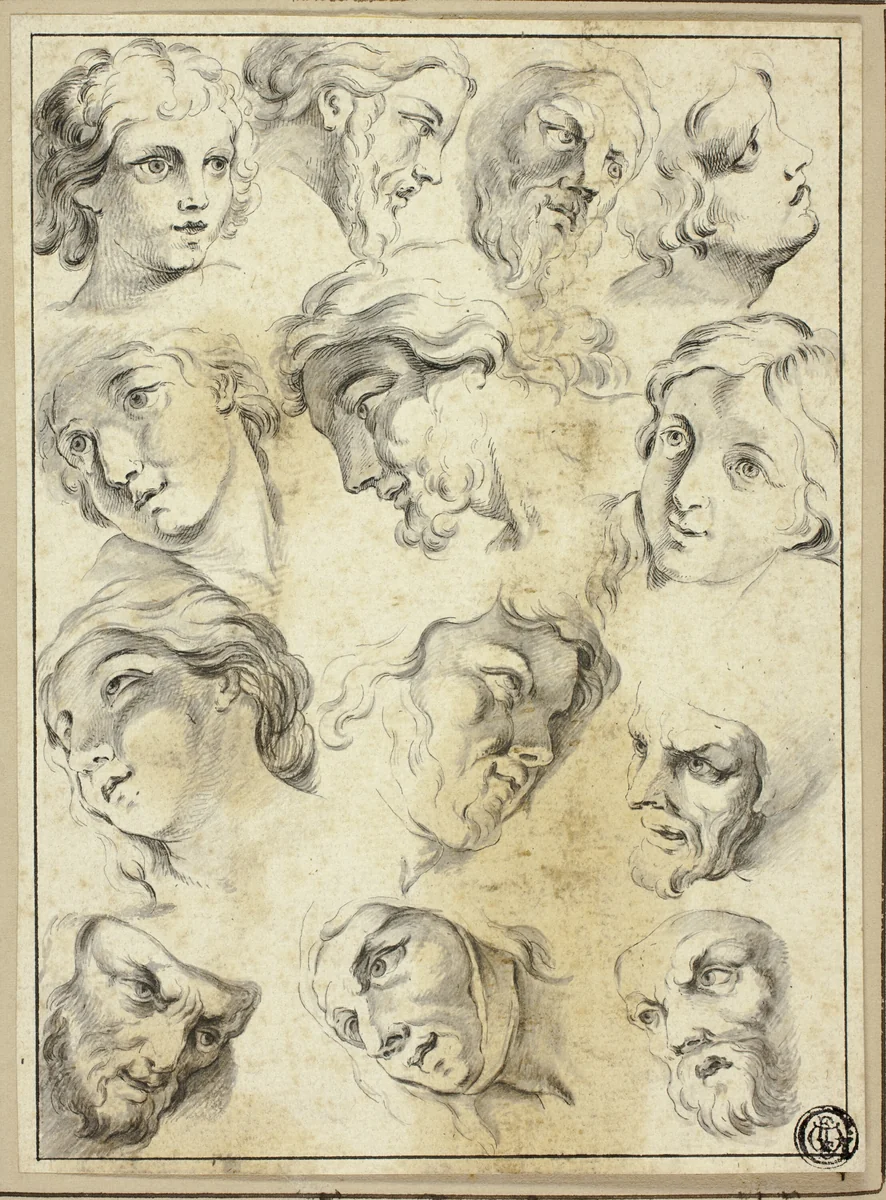 13 Sketches of Various Faces by Abraham Bloemaert, drawing, 1568-1651
