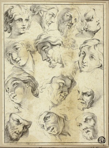 13 Sketches of Various Faces by Abraham Bloemaert, drawing, 1568-1651