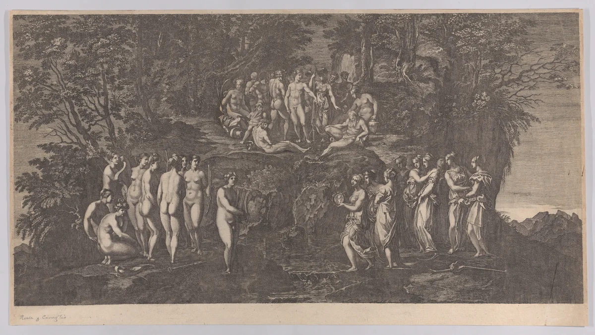 The musical contest between the Muses on one side and the Pierides on the other, judged by the gods of Olympus by anonymous, print, 1750-1850