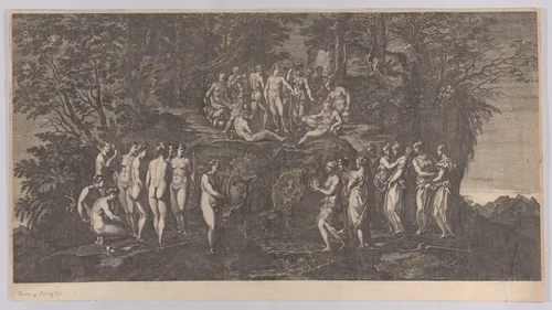 The musical contest between the Muses on one side and the Pierides on the other, judged by the gods of Olympus by anonymous, print, 1750-1850