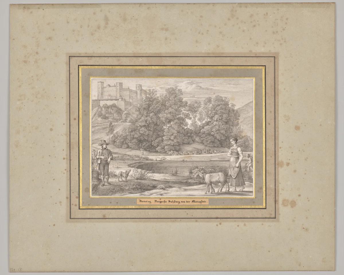 Tuesday. Bergveste Salzburg from the Midday Side by Ferdinand Olivier, print, 1818-1823