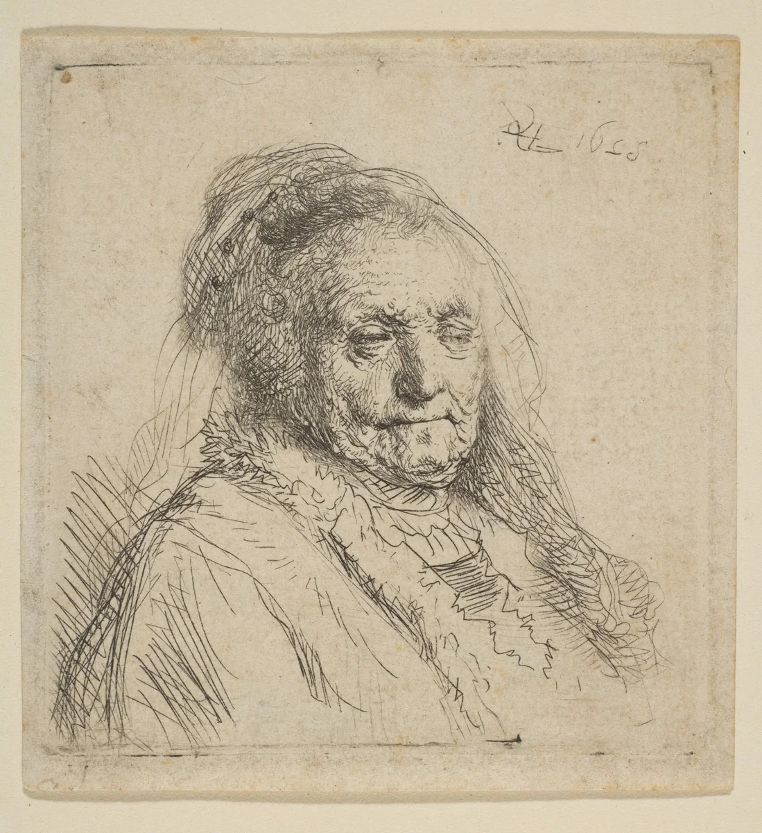 The Artist's Mother: Head and Bust Three Quarters Right by Rembrandt van Rijn, print, 1628