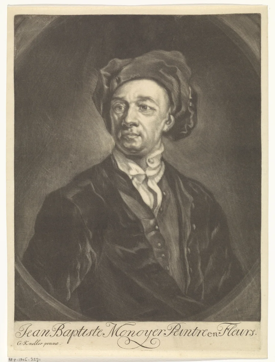 Portret van de schilder Jean Baptiste Monnoyer by Johannes de Groot, print, 1699-1776