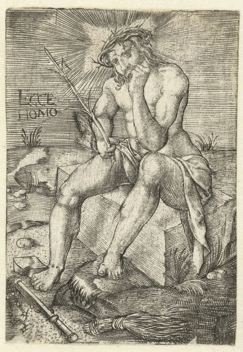 Christus op de koude steen by Jacob Binck, print, 1510-1569