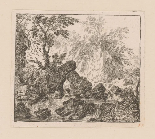 Cascade met gebroken rots by Felix Meyer, print, 1663-1713