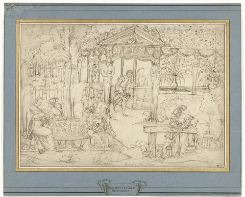 Twee paren in een tuin by anonymous, drawing, 1540-1550