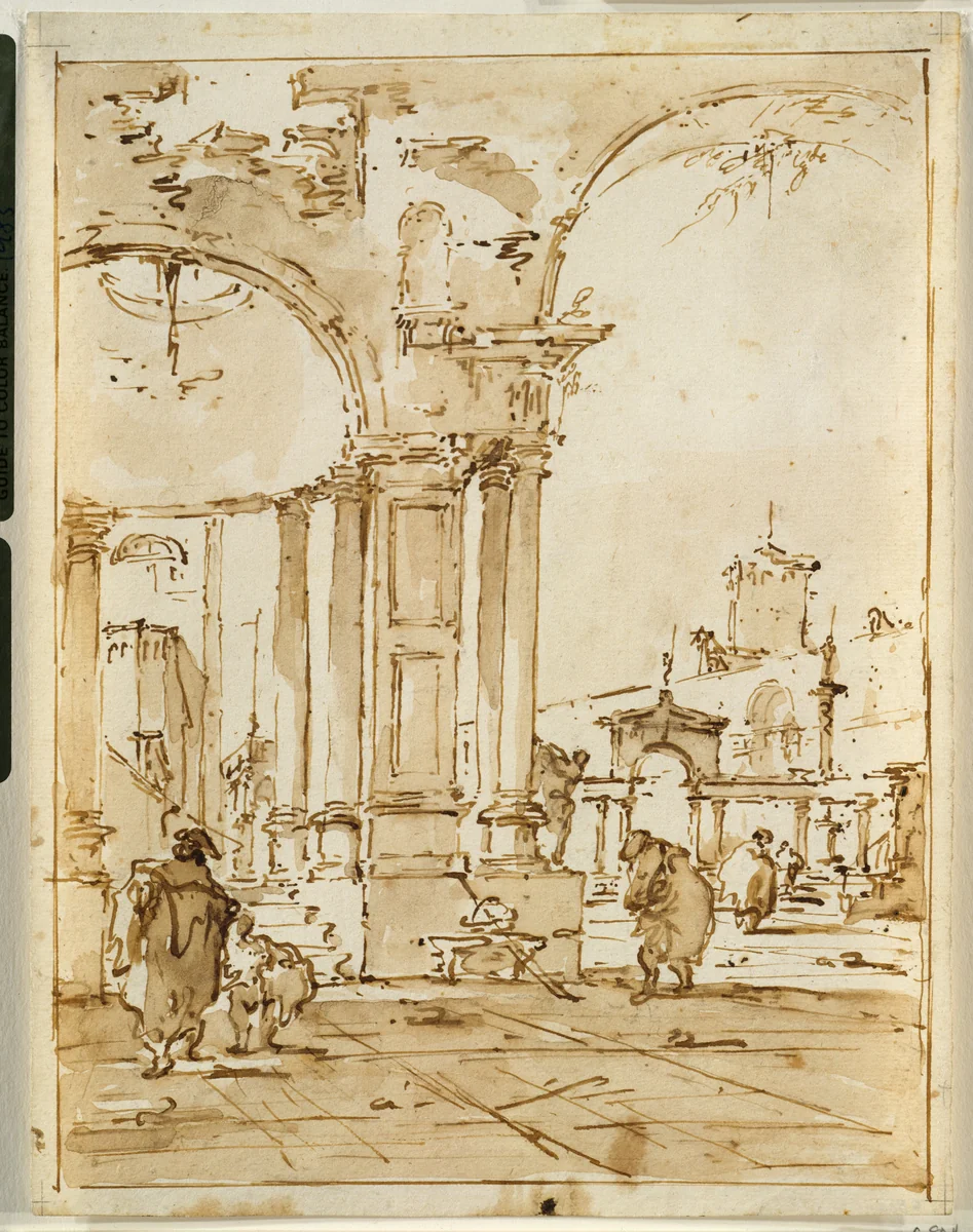 An Architectural Capriccio, with Classical Ruins by Francesco Guardi, drawing, 1777-1788